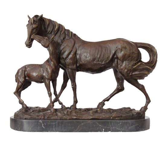 This is a bronze sculpture of horses, depicting a warm interaction between an adult horse and a foal.The adult horse is robust, with full and clear muscle lines, and the details of its mane and tail are exquisitely depicted, presenting a steady and powerful posture. The foal snuggles closely to the adult horse, nuzzling its neck with its head, fully demonstrating dependence and warmth.