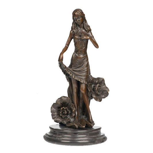 This is a bronze sculpture of a woman. She poses elegantly, lifting her skirt, with delicate and realistic dress textures. Large flowers are decorated around her, and she has a gentle demeanor. The sculpture is mounted on a dark marble base, which contrasts with the bronze body and adds an elegant atmosphere. The overall craftsmanship is exquisite, integrating natural elements in a realistic style, conveying a romantic and gentle artistic atmosphere, and it has high ornamental value.